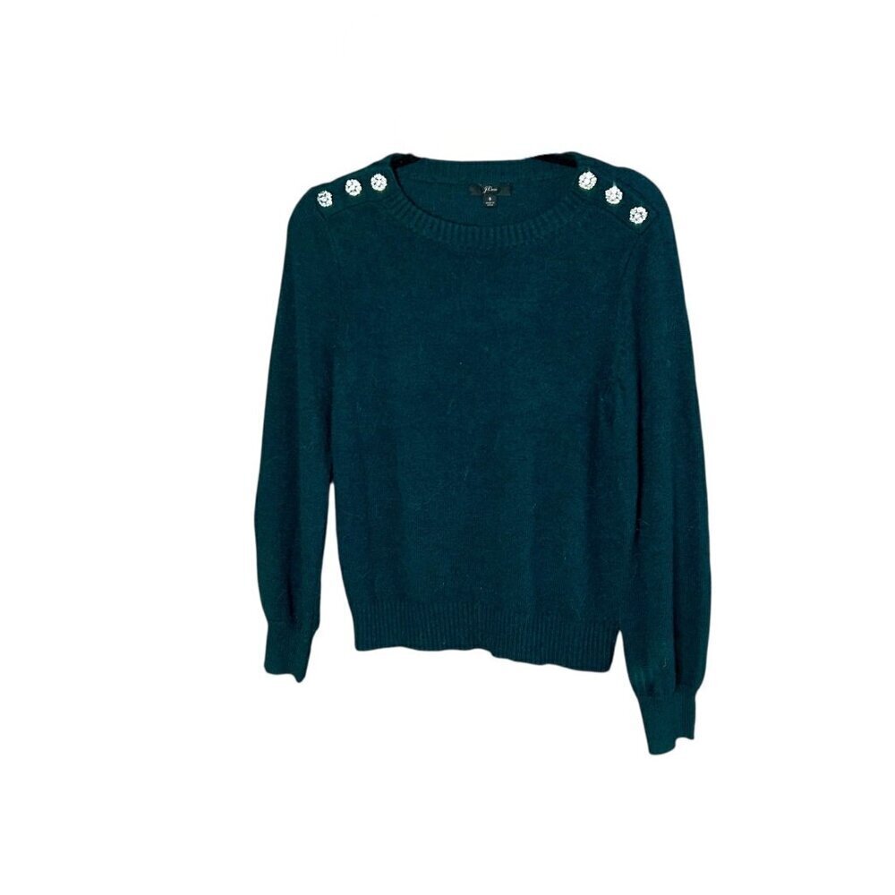J. Crew Sweater Dark Green Lambswool Blend Rhinestone Button Quiet Luxury Size S